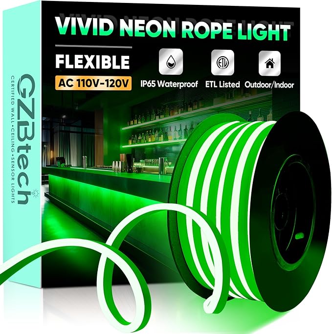 GZBtech Flexible LED Neon Rope Lights 16.4FT,AC 110-120V Waterproof Strip Light, 120 LEDs/M Cuttable Connectable Neon Lighting for Indoor Outdoor Home Decor/Commercial Building Use-Green 5M-HomvellaHome