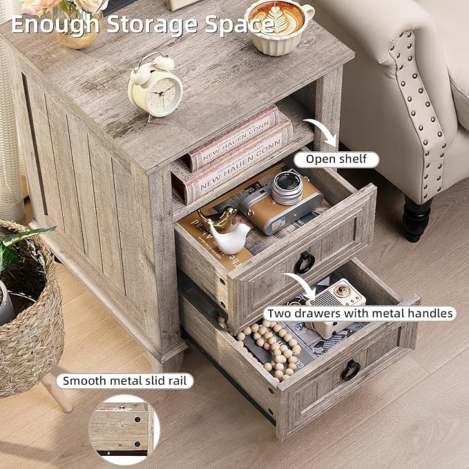 18" Farmhouse Night Stands Set of 2 with Charging Station, 2 & 3 Drawers End Table Dresser for Bedroom, Oak Wooden Nightstand, Bed Side Table with Open Shelf, Bedside Cabinet for Living Room-HomvellaHome