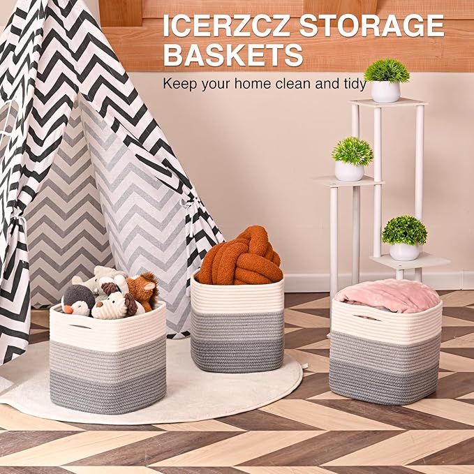 11 Inch Cube Storage Bins, Storage Cube Organizer Bins, Woven Cotton Rope Basket for Storage, Storage Baskets for Organizing Shelves, Grey Baskets for Toys, Gradient Grey (Pack of 3)-HomvellaHome