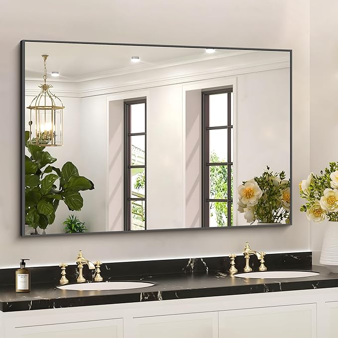 36x50inch Bathroom Mirror, Black Rectangle Mirrors with Thin Metal Frame, Large Rectangular Wall Mirror for Bathroom, Living Roomm, Hair Salon, Big Farmehouse Mirror Hang Horizontal/Vertical-HomvellaHome