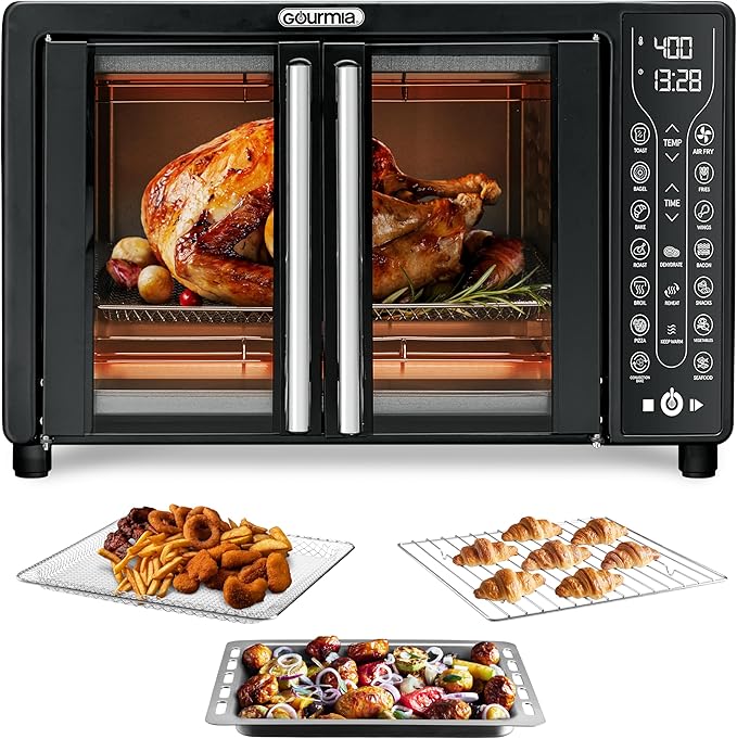 Gourmia Toaster Oven Air Fryer Combo 17 cooking presets 1700W french door digital air fryer oven 24L capacity accessories, convection rack, baking pan tray recipe book GTF7460,Large,Black-HomvellaHome