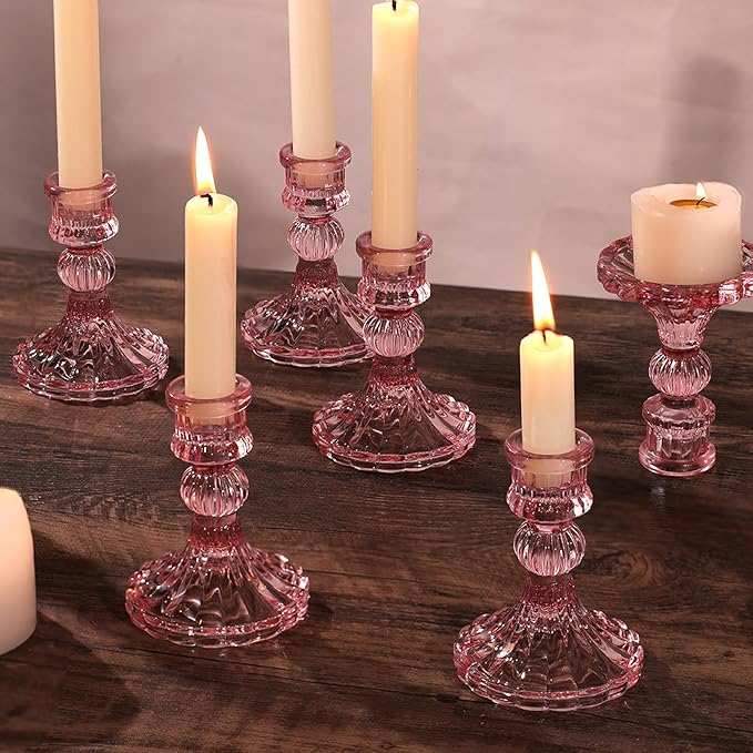 12PCS Pink Candlestick Holders Set- 4" H Taper Candle Holders, Glass Candle Holders Bulk for Wedding, Party, Home Table Centerpieces, Festival Gifts & Windowsill Decor-HomvellaHome
