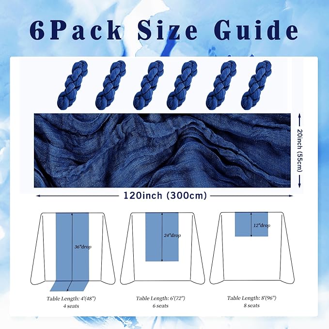 10FT 6 Pack Royal Blue Cheesecloth Table Runner 20 x 120 Inch Long Rustic Gauze Cheese Cloth Table Runner for Wedding Bridal Baby Shower Table Decorations Boho Fabric Sheer Birthday Party Table Decor-HomvellaHome