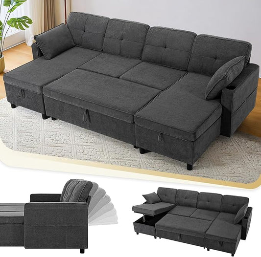 110 Inches Chenille Sectional Sofa w/Adjustable Back & Pull Out Sofa Bed, Tufted U Shaped Couch w/Two Storage Chaises, Sleeper Sectional Sofa w/USB Port & Cup Holders for Living Room, Grey-HomvellaHome