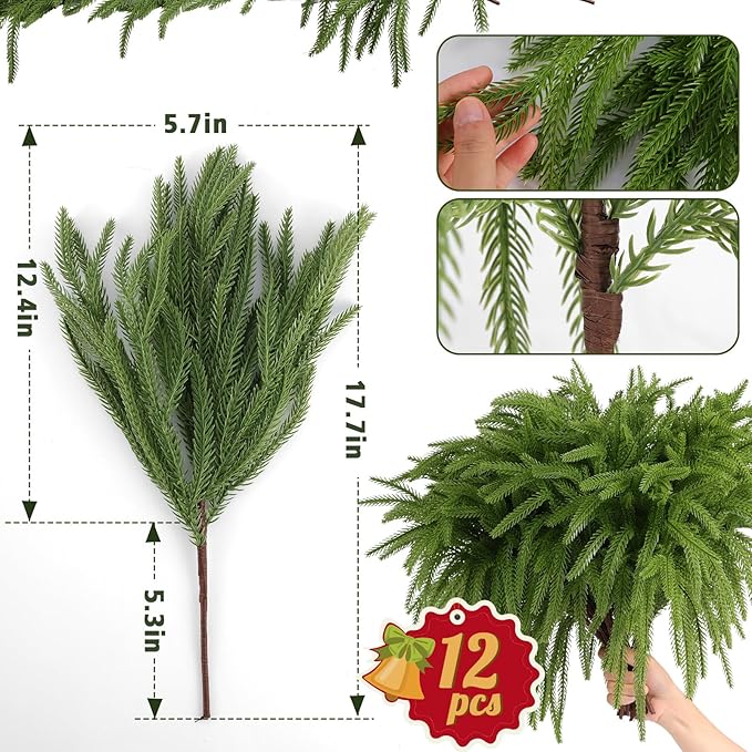 12 Pcs Artificial Norfolk Pine Branches, Norfolk Pine Artificial Pine Stems DIY Crafts Faux Christmas Greenary Norfolk Pine Branches for Xmas Wreath Garland Home Decor (12)-HomvellaHome