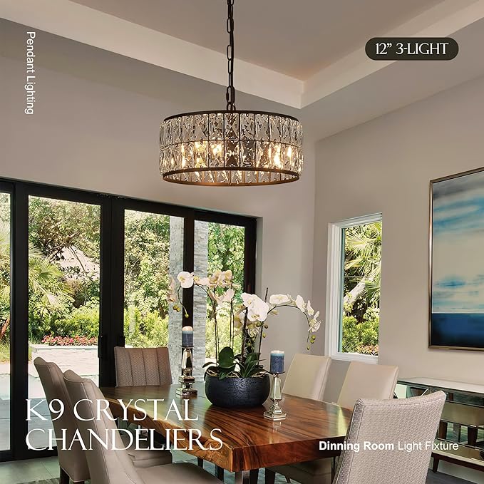 12” 3-Light Modern Crystal Chandeliers Black Dinning Room Light Fixture, Round Pendant Light Kitchen Island Chandelier, Flush Mount Ceiling Light for Living Room Entryway Bedroom Foyer-HomvellaHome
