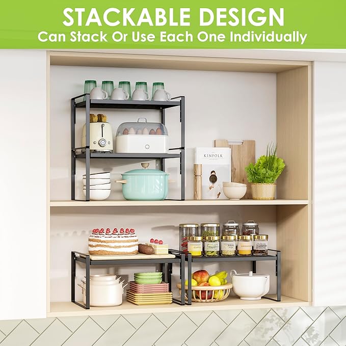 2 Pack Kitchen Countertop Organizer, Stackable Cabinet Shelf Organizer, 2 Tier Adjustable Kitchen Counter Shelves Riser For Pantry Cupboard Bathroom Organization And Storage, Desk Shelf,Spice Rack-HomvellaHome