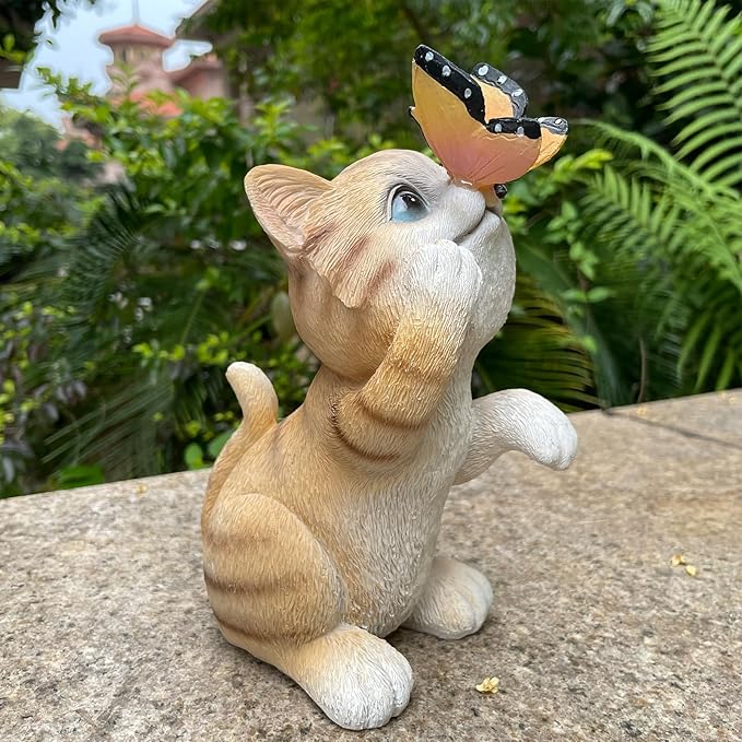 Garden Decor Solar Cat Figurines Cat Lover Gifts with LED Butterfly Lights for Indoor Outdoor Decor for Yard Garden Patio Decor Gifts for Women Grandma Mother's Day Birthday-HomvellaHome