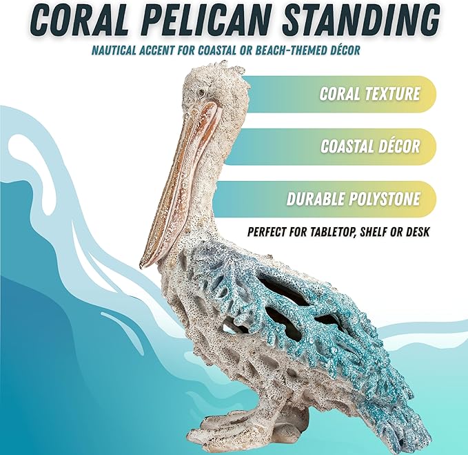 Blue Pelican Standing Figurine 13.75” Coastal Coral Reef Home Decor Nautical Beach Statue for Tabletop Shelf or Mantel Ocean Inspired Room Accents-HomvellaHome