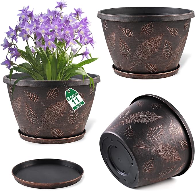 11 inch Plant Pot, 3 Pack Large Pots for Plants, Flower Pots with Drainage Hole & Saucer, Modern Planters for Indoor Outdoor Plants, Decorative Plastic Garden Pots (Copper)-HomvellaHome