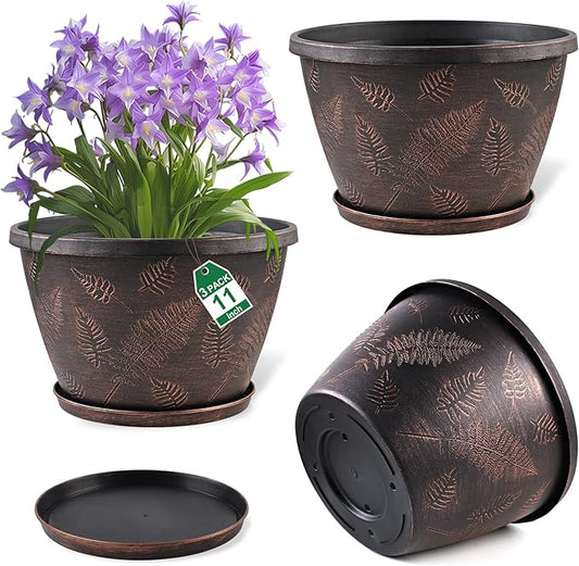 11 inch Plant Pot, 3 Pack Large Pots for Plants, Flower Pots with Drainage Hole & Saucer, Modern Planters for Indoor Outdoor Plants, Decorative Plastic Garden Pots (Copper)-HomvellaHome