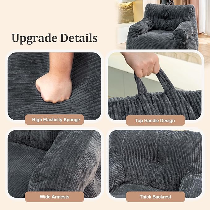 Giant Bean Bag Chair, Faux Fur Large Bean Bag Chair for Adults, Fluffy and Comfy Giant Bean Bag Chair with Filler, Big Bean Bag Sofa Chair for Reading, Gaming, Grey-HomvellaHome