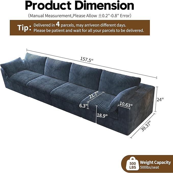 157.5" 4-Seater Cloud Sofa,Modular Sectional Couch,Modern Deep Seat Upholstered Couches with Plush Corduroy Fabric for Living Room Furniture,Bedroom and Apartment,No Assembly Required,Blue-HomvellaHome