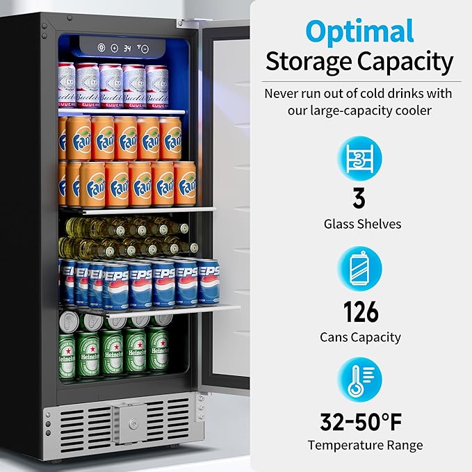 15 Inch Undercounter Beverage Refrigerator - 126 Cans Beverage Fridge with Stainless Steel Door for Beer Wine Soda - Built-in or Freestanding Wine Cooler for Home Kitchen Bar-HomvellaHome