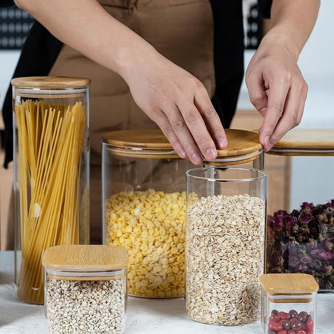 108oz 42oz Straight cylindrical Airtight Storage Jars with Bamboo Lid Set of 2 Large Storage Container Gallon Glass Jars, for Flour, Pasta and Coffee bean (with Black Lable)-HomvellaHome