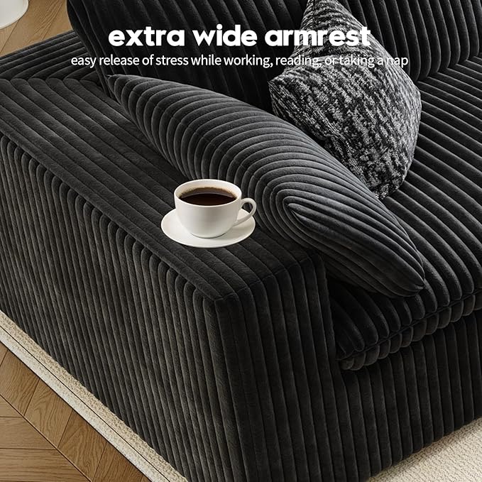 118" Cloud Couch Modular Sectional Sofa for Living Room,Modern Sofa with Deep Seat，L-Shape Boneless Couch with Ottoman,Comfy Upholstered Corduroy Couches for Apartment, Studio, Office,Bedroom，Black-HomvellaHome