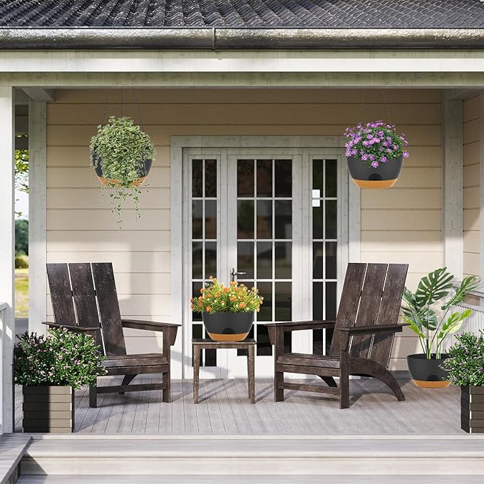 12 Inch Hanging Baskets 2 PC with Chains, Self-Watering Hanging Planters for Indoor Outdoor Plants, Plastic Hanging Flower Pots,Black Brown-HomvellaHome