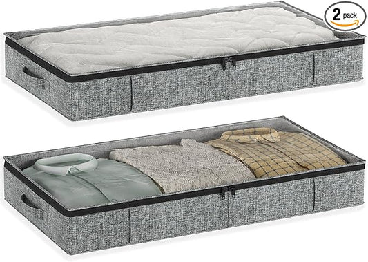 Gray Low Profile Under Bed Storage Containers 5 inches high, 33.8"x 17.7"x 5.1", Sturdy Underbed Shoe Storage Organizer, Foldable Fabric Under the Bed Storage Bins - Pack of 2-HomvellaHome