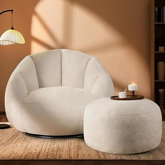 Giant Bean Bag Swivel Chair for Adults - Comfy Plush Round Shell Soft Accent Chaise Lounge Indoor Chair, Oversized Cozy Floor Sofa for Living Room, Bedroom & Game Rooms, Beige-HomvellaHome