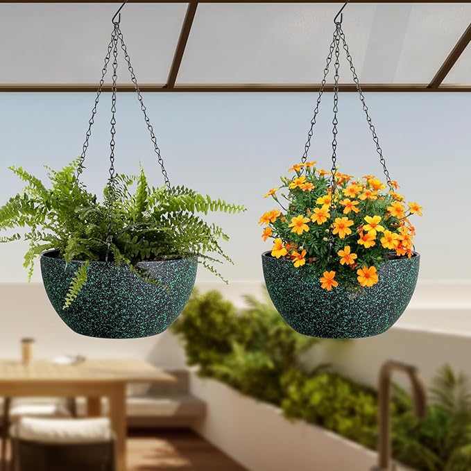 10 inch Hanging Planters for Indoor Outdoor Plants, 2 Pack Hanging Flower Pots with Drainage Holes and Chain for Garden, Plastic Hanging Baskets for House Plants, Black with Green Speckles-HomvellaHome