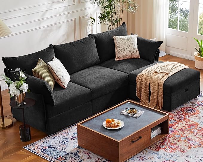 102.6" Modular Sectional Sofa, L Shaped Couch Set for Living Room, 3-Seater Comfy Cloud Couches with Movable Storage Ottoman,DIY Combination - Chenille Black-HomvellaHome