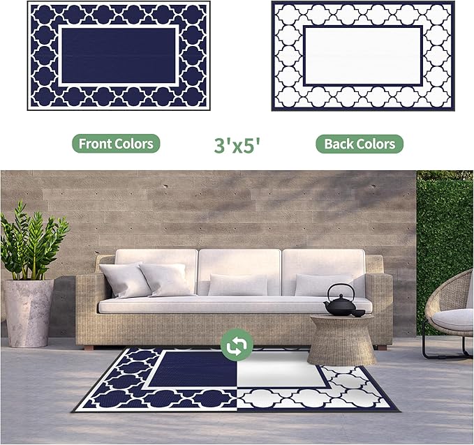 GENIMO 3' x 5' Outdoor Rug Waterproof for Patio Decor, Foldable Reversible Plastic Straw Area Rugs Mat for Camper, Outside Carpet for Rv, Deck, Porch, Picnic, Beach, Balcony, Blue & White-HomvellaHome