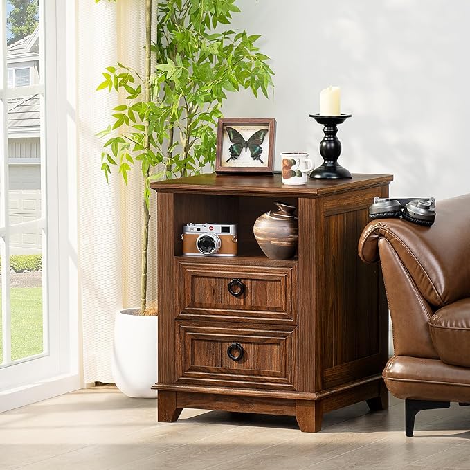 18" Farmhouse Night Stand with Charging Station, 2 Drawers End Table Dresser for Bedroom, Brown Wooden Nightstand, Bed Side Table with Open Shelf, Bedside Cabinet for Living Room, Closet-HomvellaHome