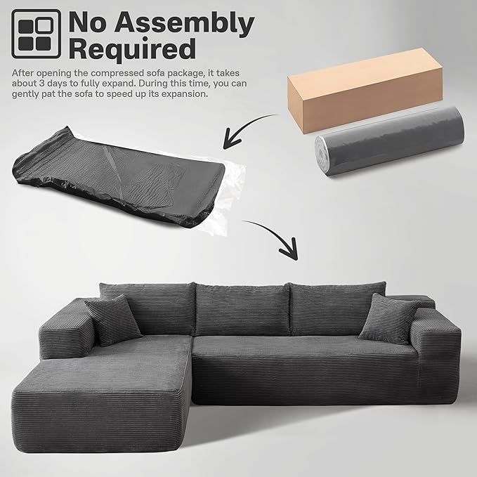 104" Cloud Sectional Couches for Living Room,L Shaped Boneless Couch in A Box,Sleeper Sofa with Comfy Chaise No Assembly Required,Grey-HomvellaHome