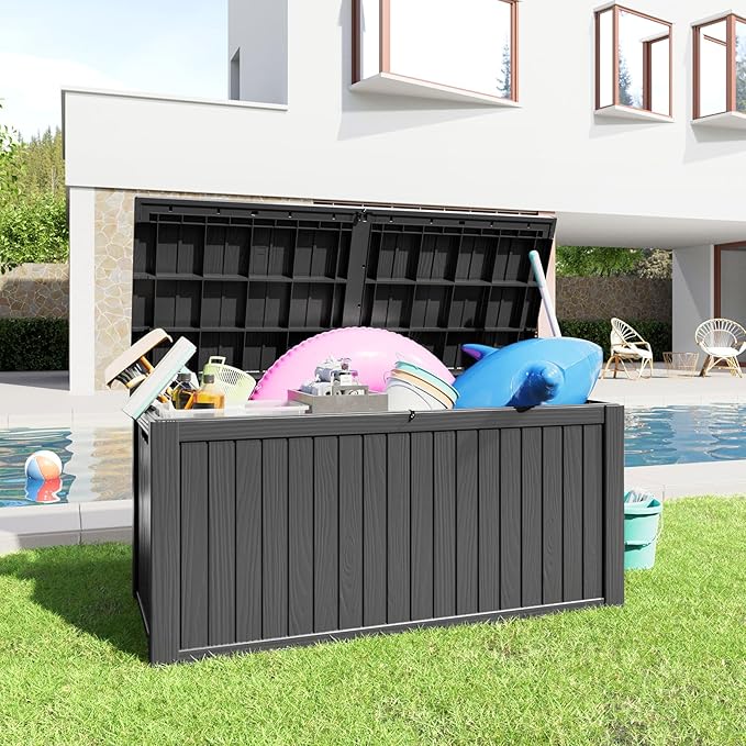 180 Gallon Resin Deck Box, Lockable Patio Outdoor Storage Box for Furniture, Garden Tools and Tools Storage, Waterproof Outside Storage Boxes - Black-HomvellaHome
