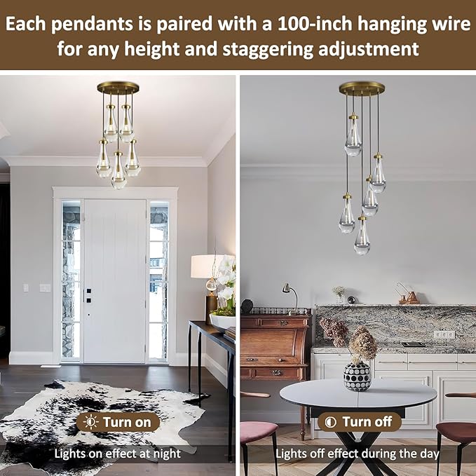 Gold 5 Light Cluster Pendant Lighting, Raindrop Chandeliers Brass Dining Room Lights Fixture, Teardrop Pendant Lights Kitchen Island, Hanging Lamp Ceiling for Entryway Foyer Staircase-HomvellaHome