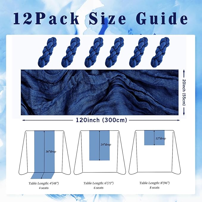 10FT 12 Pack Royal Blue Cheesecloth Table Runner 20 x 120 Inch Long Rustic Gauze Cheese Cloth Table Runner for Wedding Bridal Baby Shower Table Decorations Boho Fabric Sheer Birthday Party Table Decor-HomvellaHome