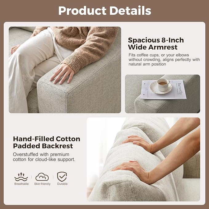 112" L Shaped Sectional Sofa with Detachable Sofa Cover, Reversible Sectional Modular Couch for Living Room, Linen Fabric Corner Couch with 7 Seats, Oatmeal-HomvellaHome