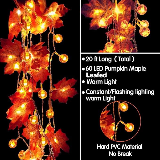 2 Pack Fall Garland with Pumpkin Lights Halloween Decorations Indoor 60 LED 20 Ft Enlarged Maples Leaves Fall Lights Battery Operated Halloween Garland Thanksgiving Decor Home Indoor Outdoor Christmas-HomvellaHome