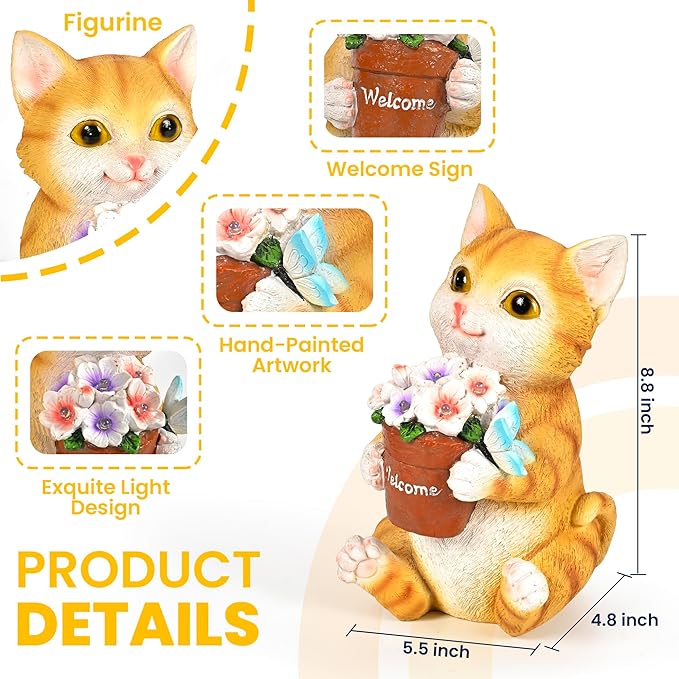 GIGALUMI Solar Garden Decor Flower Pot Cat Statues Outdoor, Birthday Gifts for Women Mom Grandma Senior Elder, Cat Ornament for Balcony, Garden, Patio, Yard, Lawn-HomvellaHome