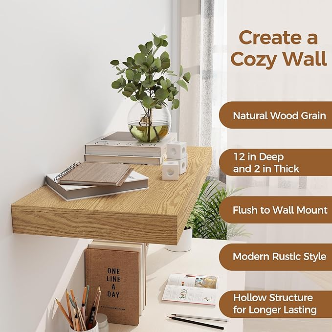 12 Inch Deep Floating Shelves, 24 x 12 Floating Shelf for Books, Rustic Wood Deep Wall Shelves for Home Storage & Display, 2" Thicked Shelves for Kitchen, Living Room, Bedroom, Oak Color, 2 Pack-HomvellaHome