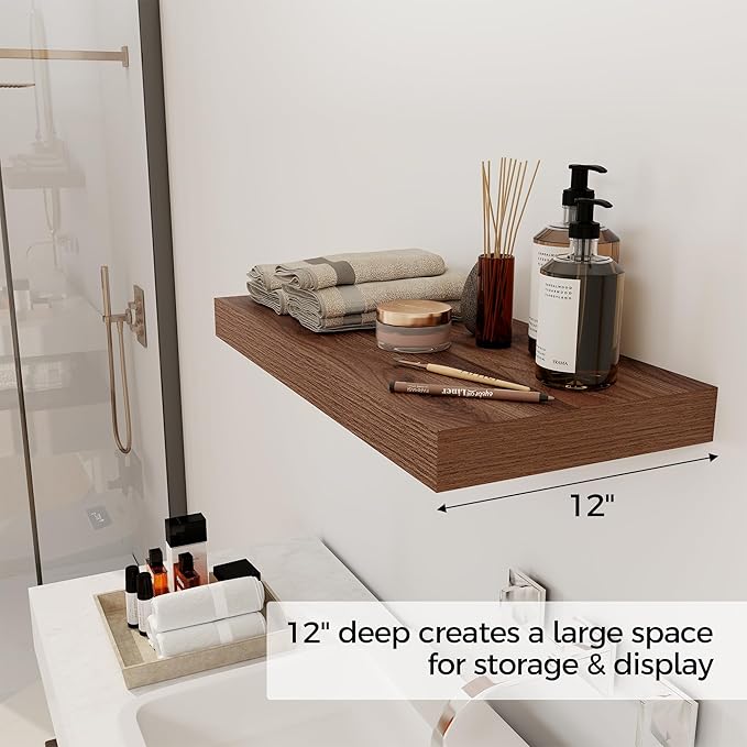 12 Inch Deep Floating Shelves, 24 x 12 Floating Shelf for Books, Rustic Wood Deep Wall Shelves for Home Storage & Display, 2" Thicked Shelves for Kitchen, Living Room, Bedroom, Walnut Color, 1 Pack-HomvellaHome
