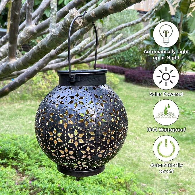 2 Pack Outdoor Solar Lantern Lights, Waterproof Tabletop LED Moroccan Lanterns, Hanging Metal Decorative Garden Lights for Patio, Lawn, Porch, Backyard-HomvellaHome