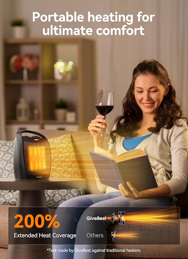 GiveBest Portable Electric Space Heater, 1500W/750W Ceramic Heater with Thermostat, Heat Up 200 Square Feet in Minutes, Safe and Quiet for Office Room Desk Indoor Use-HomvellaHome