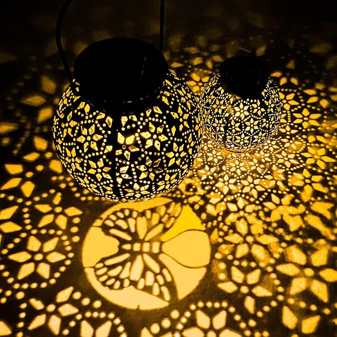 2 Pack Outdoor Solar Lantern Lights, Waterproof Tabletop LED Moroccan Lanterns, Hanging Metal Decorative Garden Lights for Patio, Lawn, Porch, Backyard-HomvellaHome