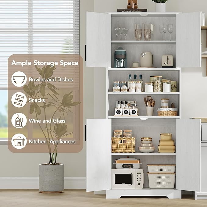 GarveeHome 67" Tall Storage Cabinet, Tall Bathroom Cabinet with 4 Doors and Adjustable Shelves, Freestanding Kitchen Pantry Cabinets, Cupboard for Living Room, Dining Room, Antique White-HomvellaHome