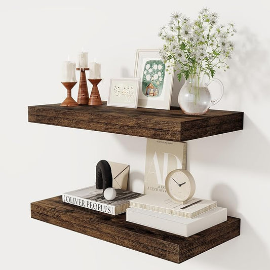12 Inch Deep Floating Shelves, 24 x 12 Floating Shelf for Books, Rustic Wood Deep Wall Shelves for Home Storage & Display, 2" Thicked Shelves for Kitchen, Living Room, Bedroom, Rustic Brown, 2 Pack-HomvellaHome