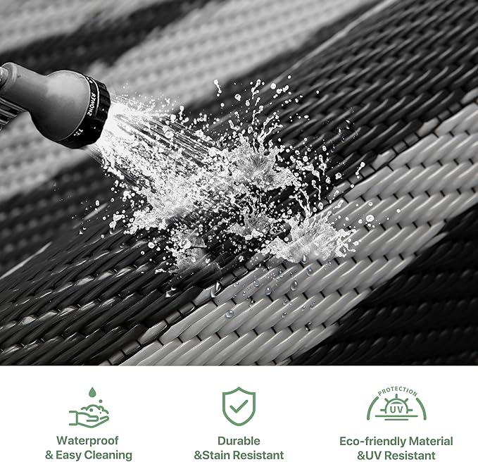 GENIMO Outdoor Rug Waterproof 6'x9' for Patio, Foldable Reversible Plastic Straw Carpet for Travel Trailers, Outside Area Mat for Rv, Deck, Picnic, Porch, Camper, Balcony, Beach, Black & Grey-HomvellaHome