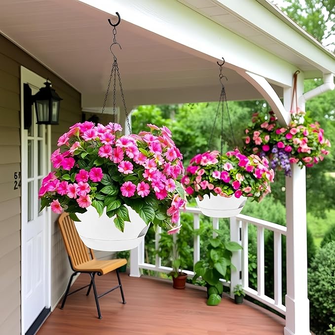 2 Pack 12 Inch Large Hanging Planters with Chains Self Watering White Plastic Hanging Pots for Indoor Outdoor Plants, Garden Porch Home Decor，White-HomvellaHome