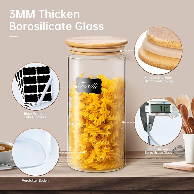 17oz - 4 Pack Glass Jars with Bamboo Lids, Glass Food Storage Containers with Airtight Lids, Air Tight Pantry Storage Containers for Coffee, Sugar, Spice, Meal Prep Jars for Salad & Fruit-HomvellaHome