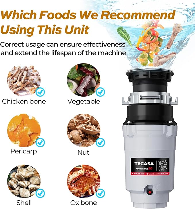 1/2 HP Garbage Disposals, TECASA Continuous Feed, Stainless Steel Food Waste Grinding System for Kitchen Sink Food Waste, Power Cord Included, UL Certified - HyperCrush 50-HomvellaHome