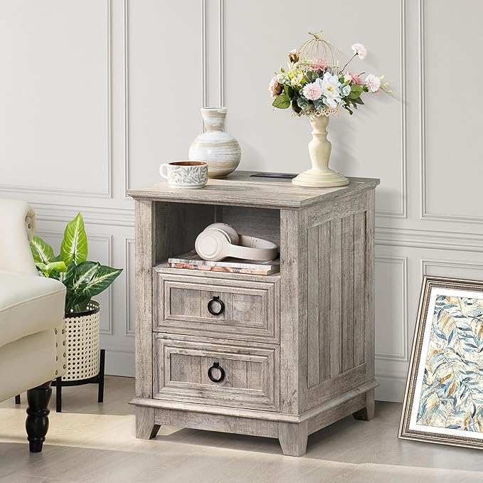 18" Farmhouse Night Stand with Charging Station, 2 Drawers End Table Dresser for Bedroom, Oak Wooden Nightstand, Bed Side Table with Open Shelf, Bedside Cabinet for Living Room, Closet-HomvellaHome