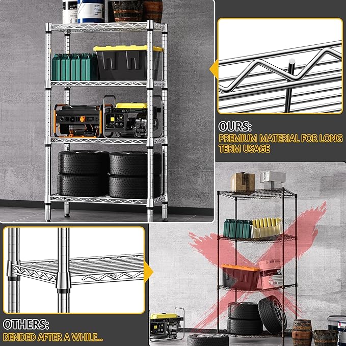 1000 lbs 4 Tier Shelf Metal Storage Shelves Wire Rack Closet Organizers for Garage Kitchen Bathroom Laundry Chrome 11.8" D x 25.6" W x 45.5" H-HomvellaHome