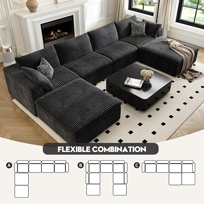 157.5" Cloud Couch Oversized Modular Sectional Sofa for Living Room,Modern Sofa with Deep Seat，U-Shape Boneless Couch with 2 Ottoman,Comfy Upholstered Couches for Apartment, Studio, Office,Black-HomvellaHome