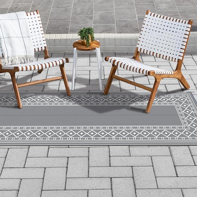 GENIMO Outdoor Rug Waterproof for Patio, 2.5'x8' Foldable Reversible Plastic Straw Runner Rugs and Carpet for Porch, Outside Area Mat for Rv, Deck, Picnic, Camper, Balcony, Beach, Grey & White-HomvellaHome