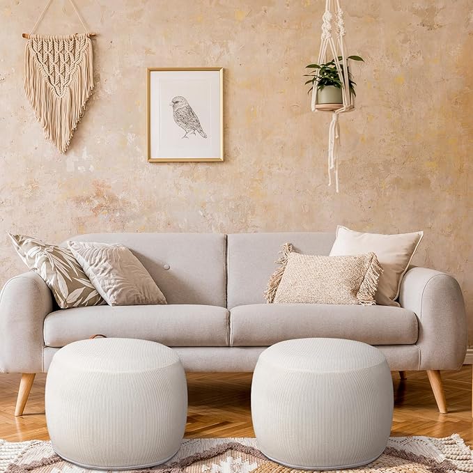 2 Pack Round Inflatable Pouf Ottoman Foot Rest for Couch 20 x 16 Inch Cozy Portable Floor Corduroy Poufs Foot Stool Ottoman with Pump for Living Room Bedroom Chair, Beige-HomvellaHome